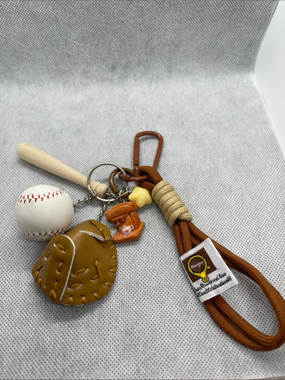 Baseball Glove & Bat Keychain Charm in Tan and White